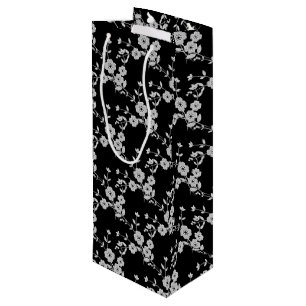Floral Spray Style 1, Black-White-WINE GIFT BAG
