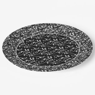 Floral Spray,WHITE-BLACK 6-PAPER PARTY PLATES