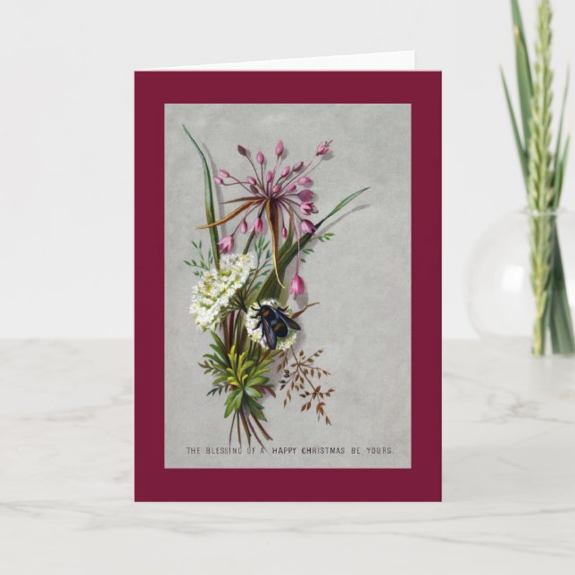 Floral Spray with Bee Victorian Christmas Holiday Card (Front)