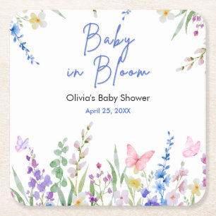 Floral Spring Baby in Bloom Baby Shower Square Paper Coaster