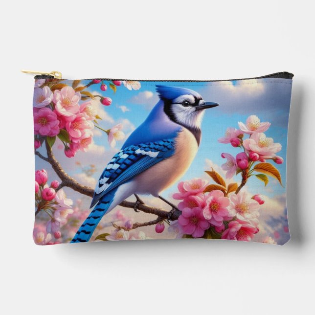 Floral/spring Blue Jay art Accessory Pouch (Front)