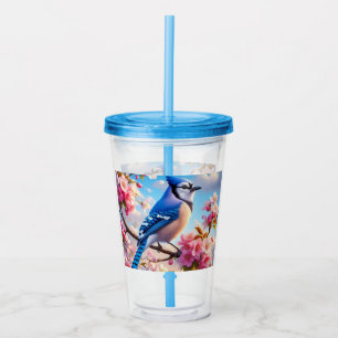 Floral/spring Blue Jay art Acrylic Tumbler