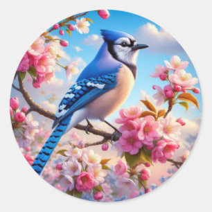 Floral/spring Blue Jay art Classic Round Sticker