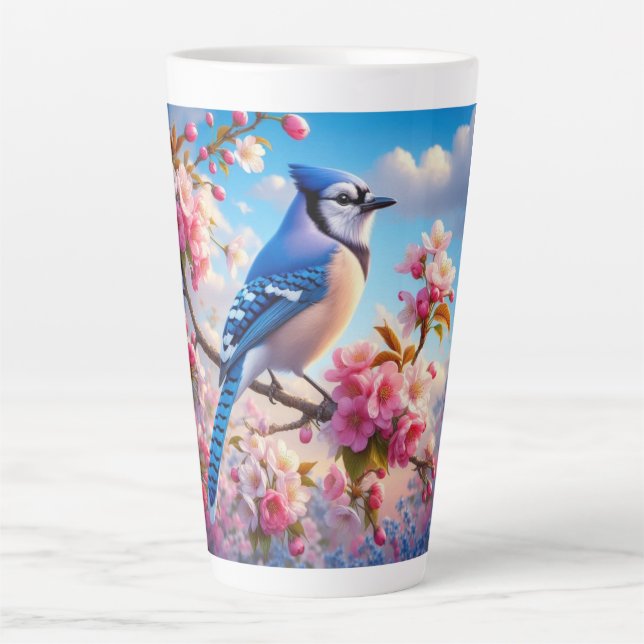 Floral/spring Blue Jay art Latte Mug (Front)