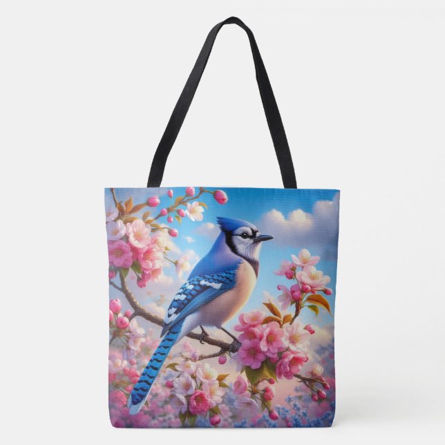 Floral/spring Blue Jay art Tote Bag (Front)