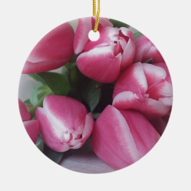 Floral Spring Bouquet of Pink Tulips, Flowers Ceramic Ornament (Front)