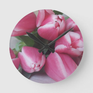 Floral Spring Bouquet of Pink Tulips, Flowers Round Clock