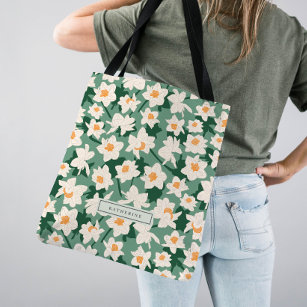 Floral Spring Daffodil Blooms   Green Monogrammed Tote Bag