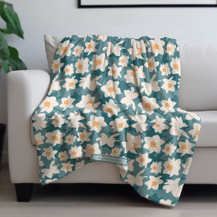 Floral Spring Daffodil Blooms   Teal Personalised Fleece Blanket