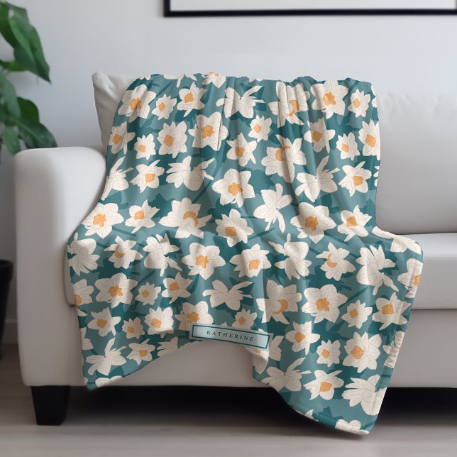 Floral Spring Daffodil Blooms | Teal Personalised Fleece Blanket (Creator Uploaded)