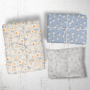 Floral Spring Daffodil   Blue and Grey Wrapping Paper Sheet
