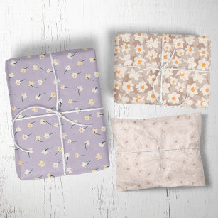 Floral Spring Daffodil   Brown and Purple Wrapping Paper Sheet