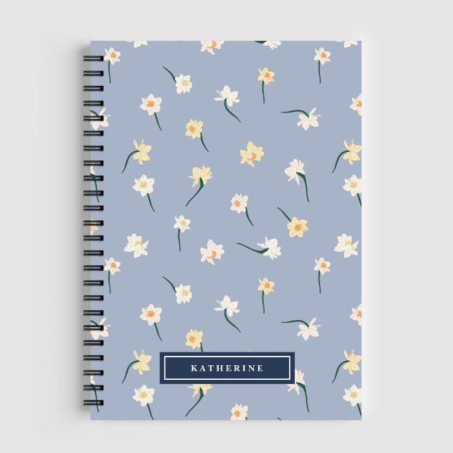 Floral Spring Daffodil | Dusty Blue Personalised Notebook