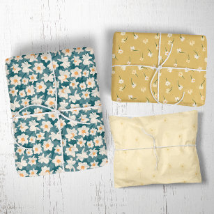 Floral Spring Daffodil   Teal and Yellow Wrapping Paper Sheet