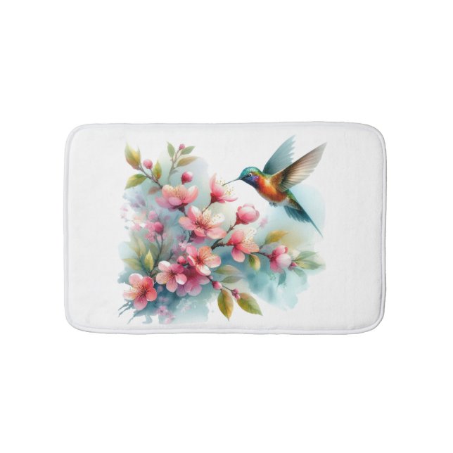 Floral/spring hummingbird artwork  bath mat (Front)