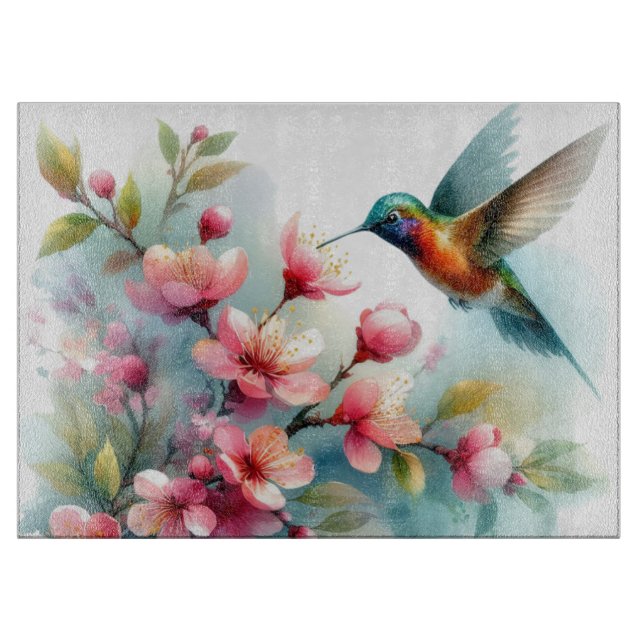 Floral/spring hummingbird artwork  cutting board (Front)
