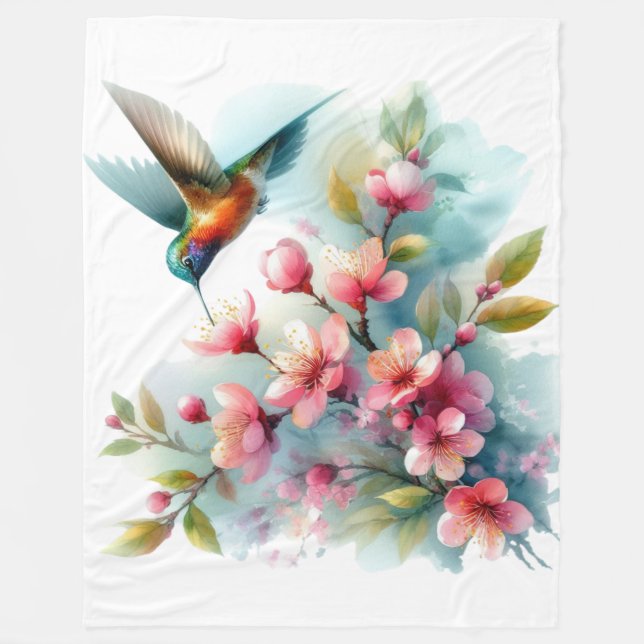 Floral/spring hummingbird artwork  fleece blanket (Front)