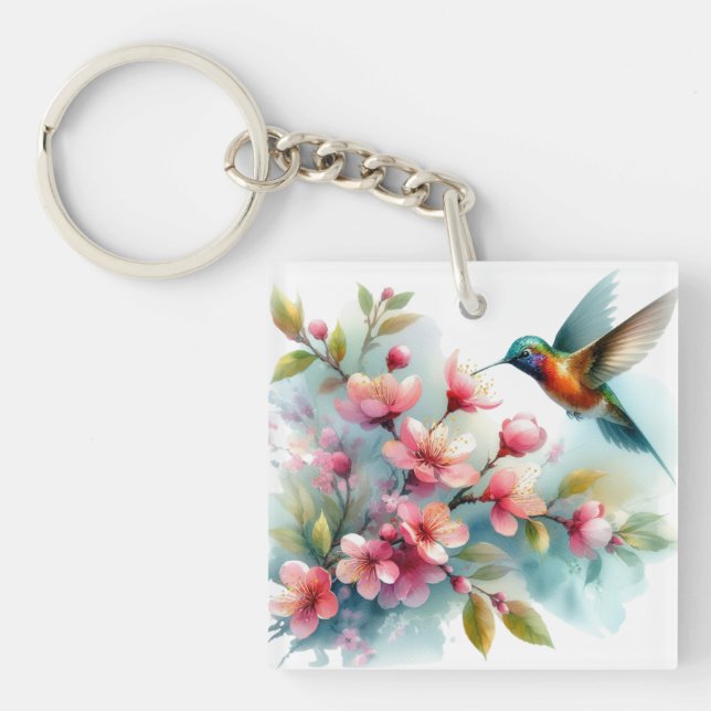 Floral/spring hummingbird artwork  key ring (Front)