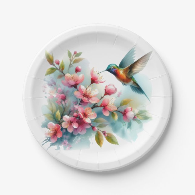 Floral/spring hummingbird artwork  paper plate (Front)