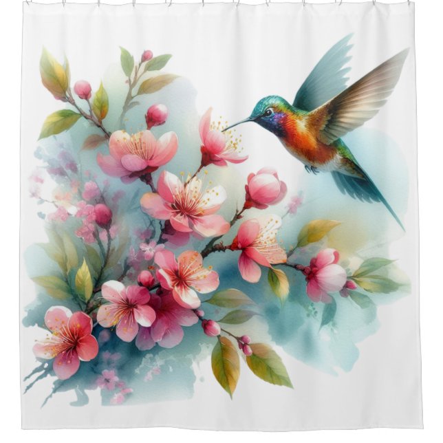 Floral/spring hummingbird artwork  shower curtain (Front)