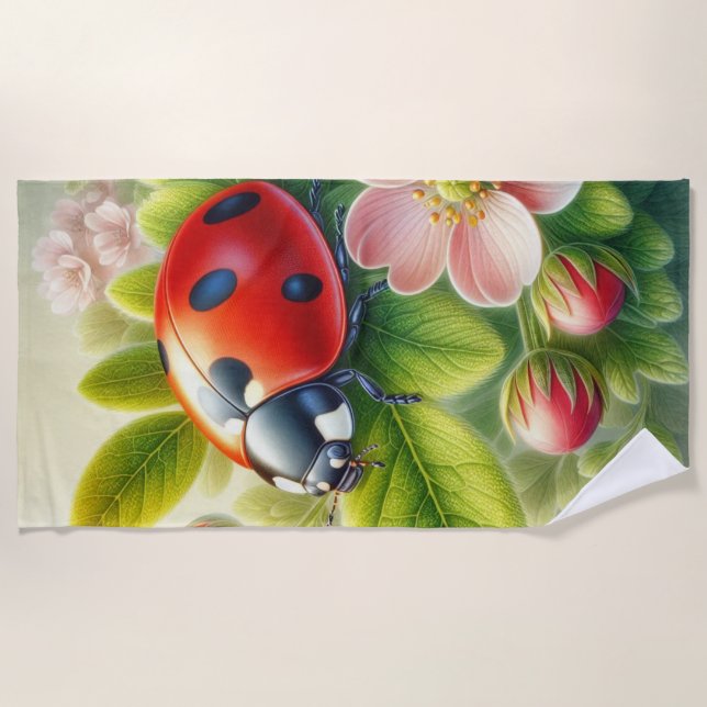 Floral/spring ladybug artwork  beach towel (Front)