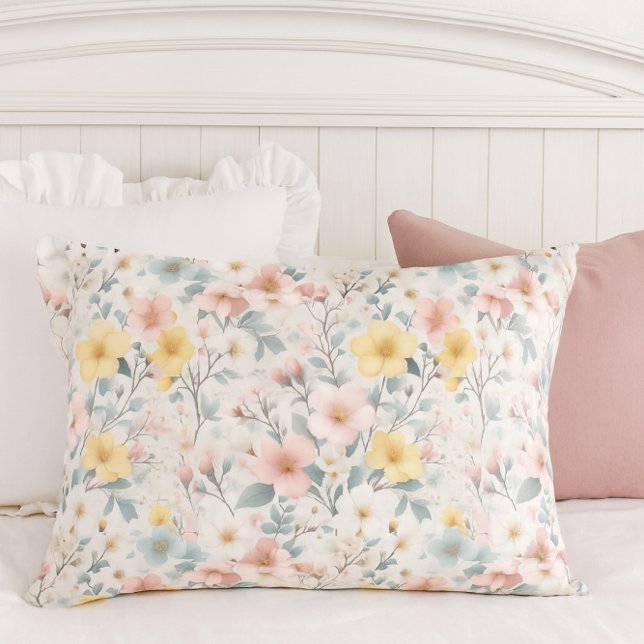 Floral Spring Meadow Pink Yellow  Pillowcase (This charming pillowcase brings a touch of cottage-style elegance to your spring and summer bedroom.)