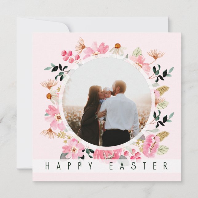 Floral Spring Pink Add Your Photo Happy Easter Holiday Card (Front)
