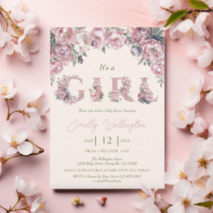 Floral Spring Pink Peonies Boho Girl Baby Shower Invitation
