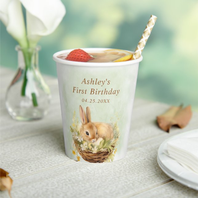 Floral Spring Rabbit Some Bunny 1st Birthday Paper Cups (Insitu)
