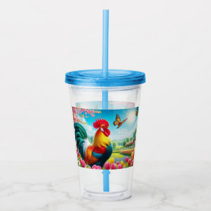Floral/spring rooster/chicken artwork acrylic tumbler