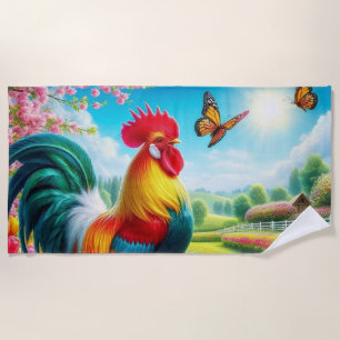 Floral/spring rooster/chicken artwork beach towel