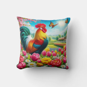 Floral/spring rooster/chicken artwork cushion