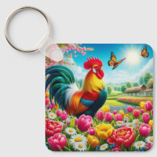 Floral/spring rooster/chicken artwork  key ring