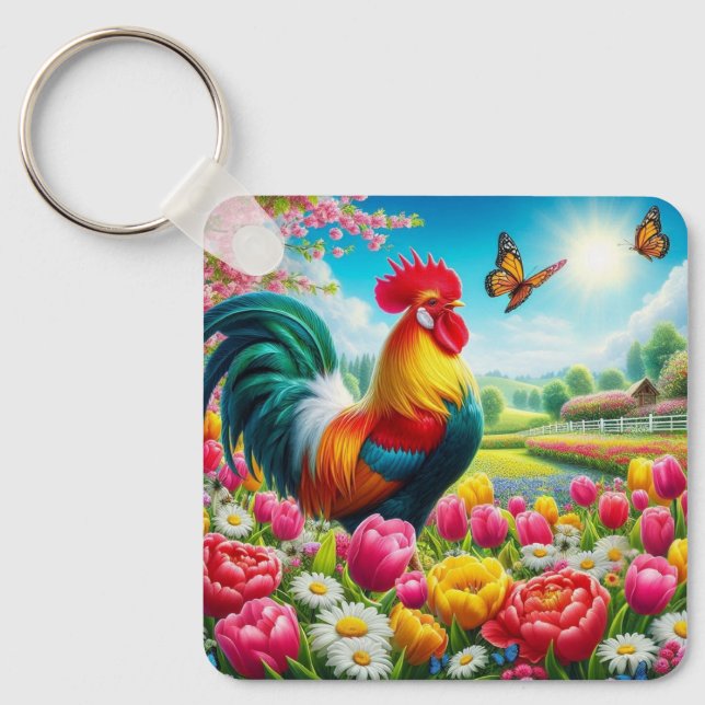 Floral/spring rooster/chicken artwork  key ring (Front)