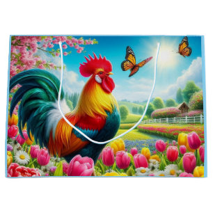 Floral/spring rooster/chicken artwork large gift bag