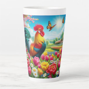 Floral/spring rooster/chicken artwork latte mug