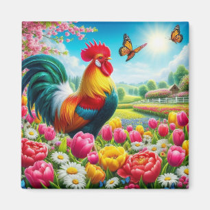 Floral/spring rooster/chicken artwork  magnet