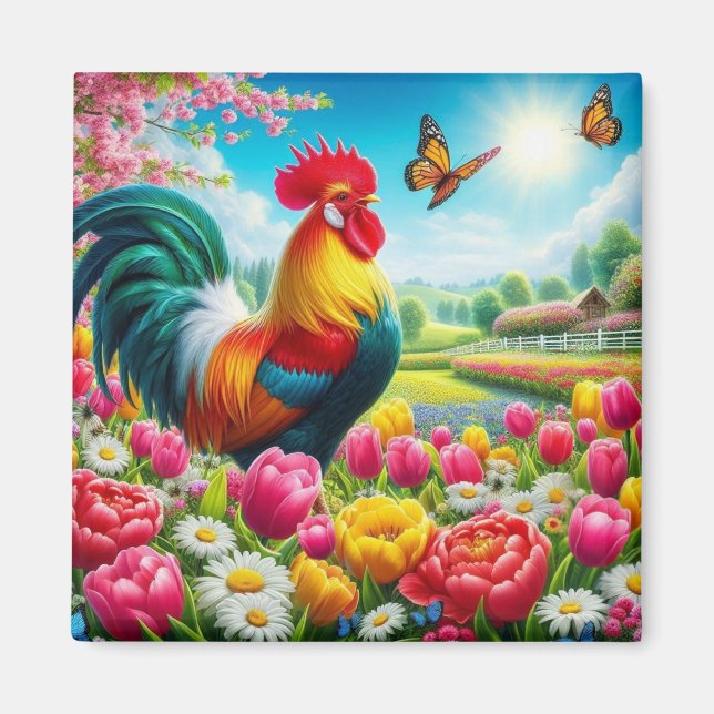 Floral/spring rooster/chicken artwork  magnet (Front)