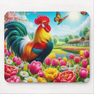 Floral/spring rooster/chicken artwork mouse pad