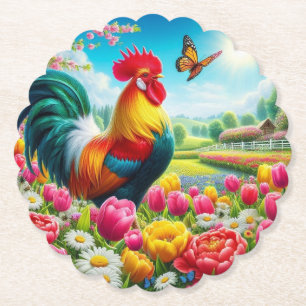 Floral/spring rooster/chicken artwork paper coaster