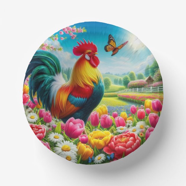 Floral/spring rooster/chicken artwork  paper plate (Front)