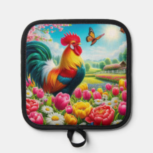 Floral/spring rooster/chicken artwork pot holder