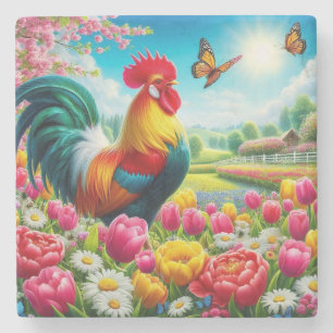 Floral/spring rooster/chicken artwork stone coaster