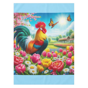 Floral/spring rooster/chicken artwork tablecloth