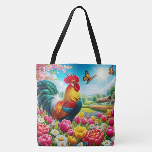Floral/spring rooster/chicken artwork  tote bag (Front)