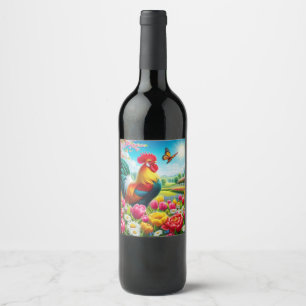 Floral/spring rooster/chicken artwork wine label