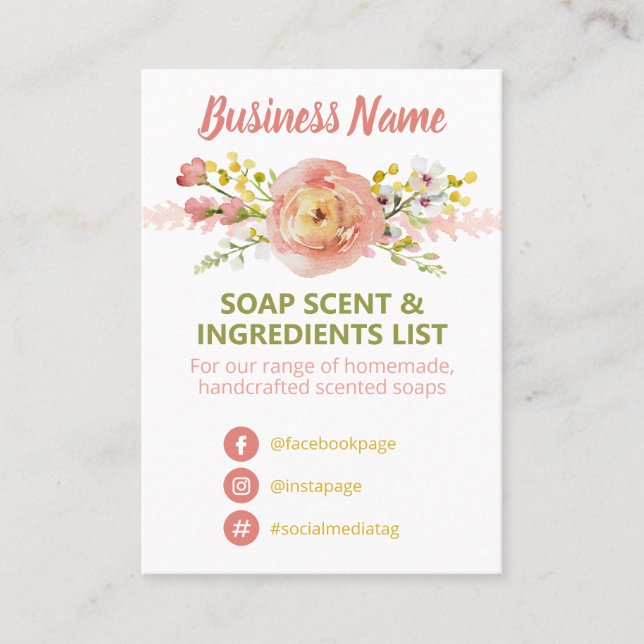 Floral Spring Soap Scent Ingredients List Business Card (Front)