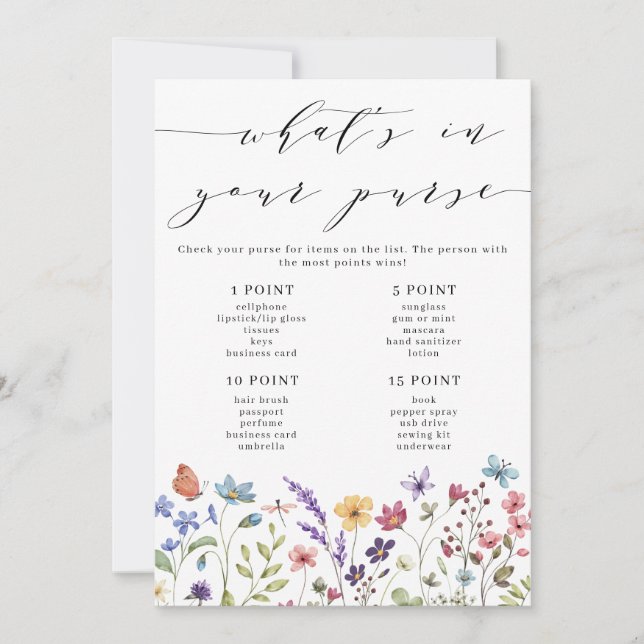 Floral Spring Summer What's in your Purse Game Invitation (Front)