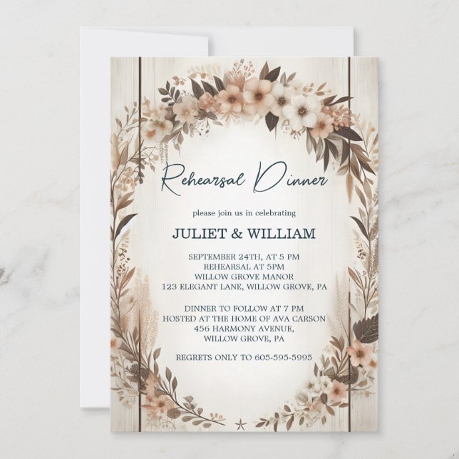 Floral Spring Wood Boho Rustic Rehearsal Dinner Invitation (Front)