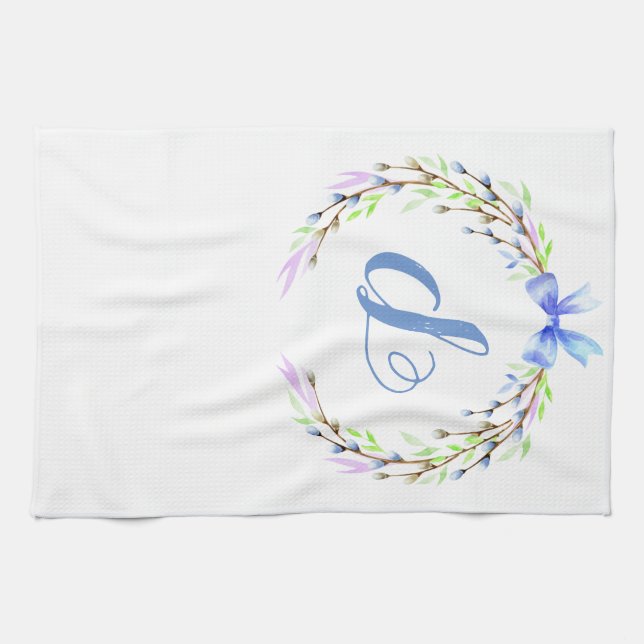 Floral Spring Wreath Custom Monogram Easter Gift Tea Towel (Horizontal)